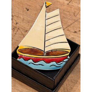 Vintage German Enamel Sailboat Pin Brooch With Multicolor Design - Nautical Them